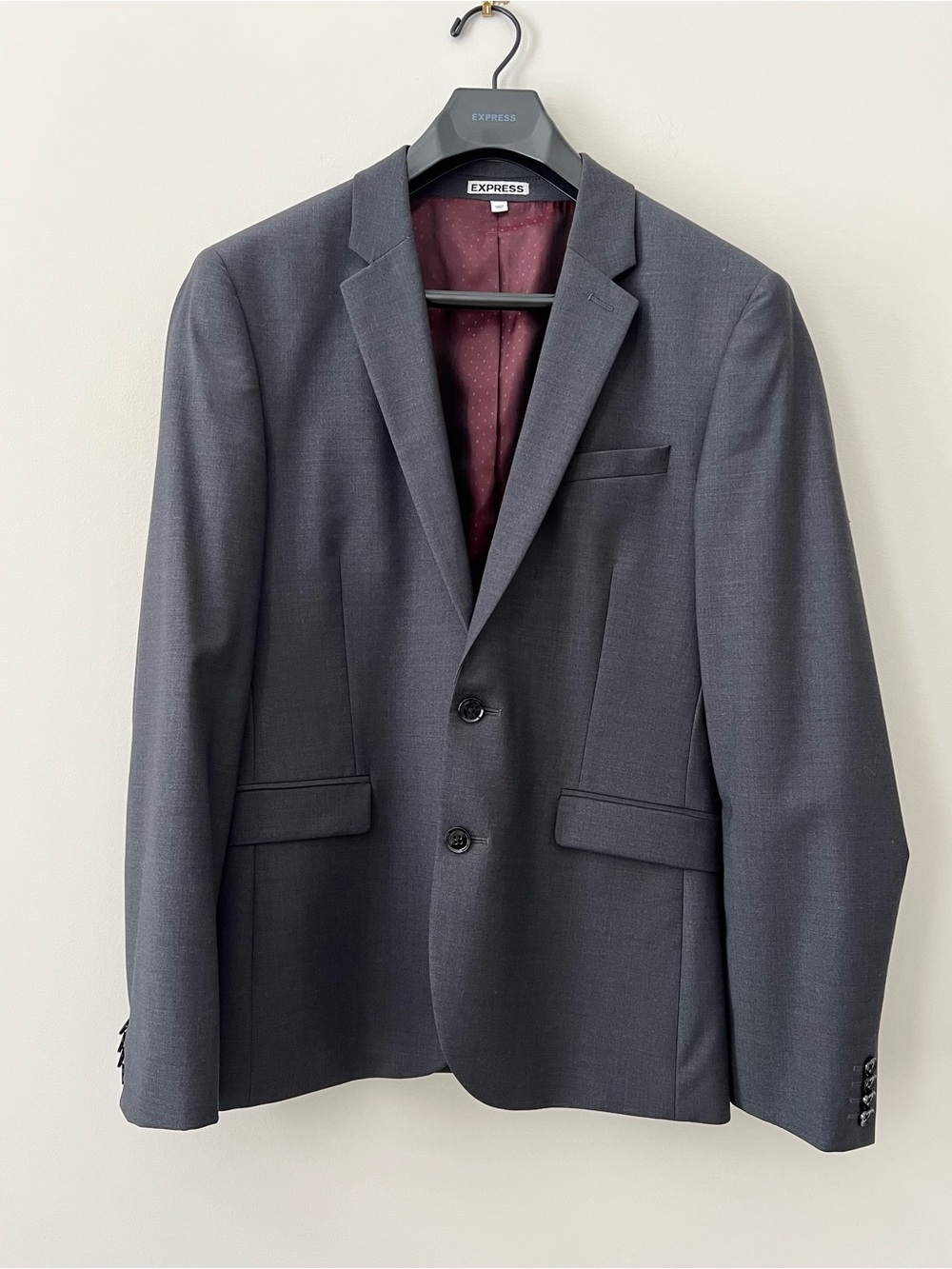Express Men's Charcoal Gray Two-Button Suit Jacket Blazer with Burgundy Lining